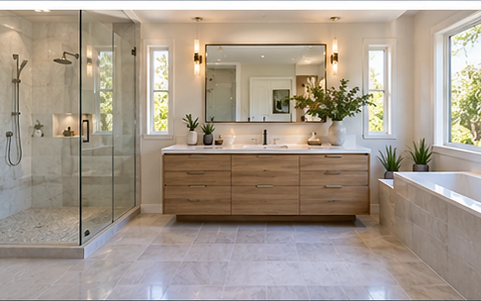 Modern residential bathroom showing shower, vanity, tub and coordinated finish choices