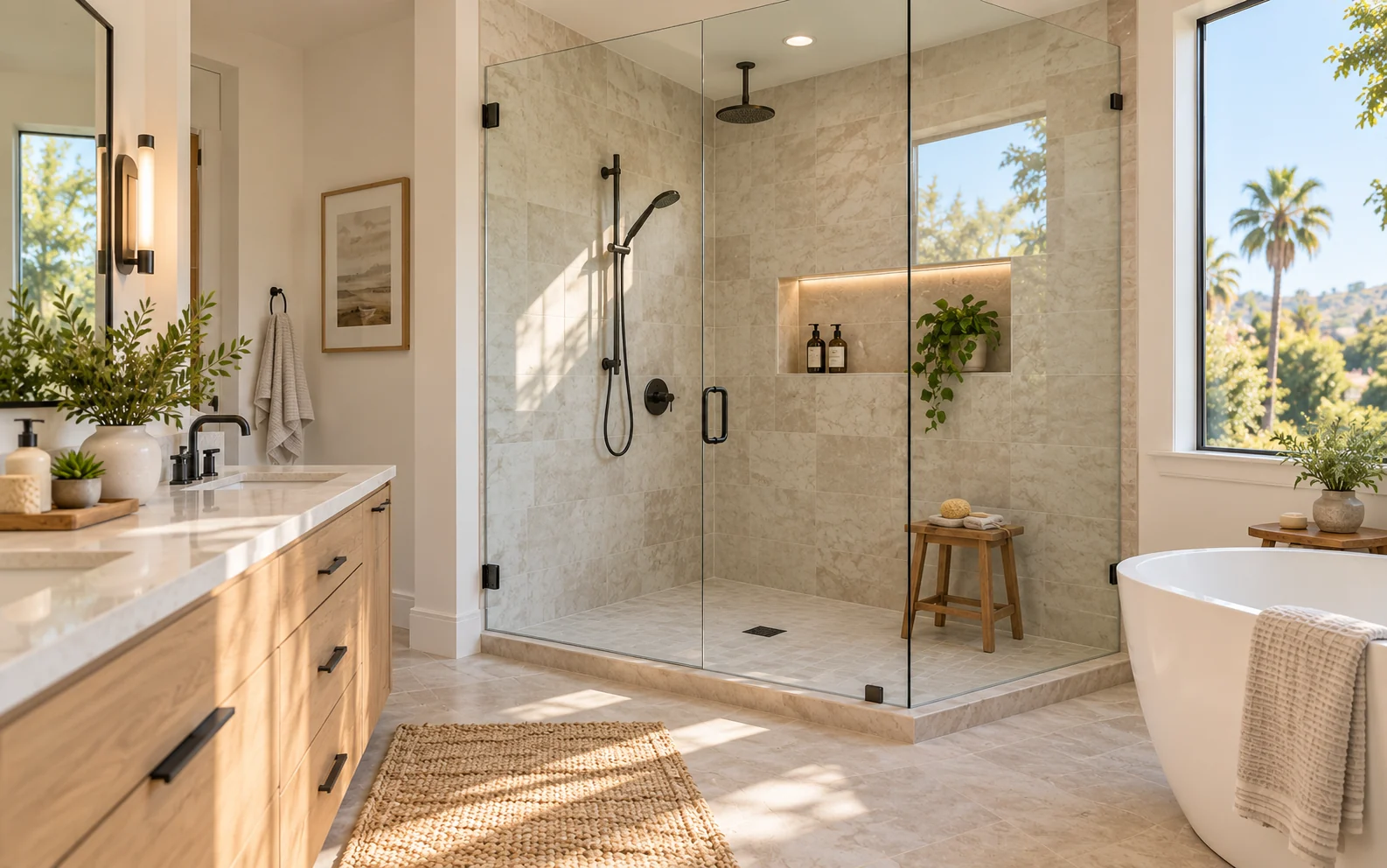 Modern tiled walk-in shower with frameless glass and warm neutral finishes