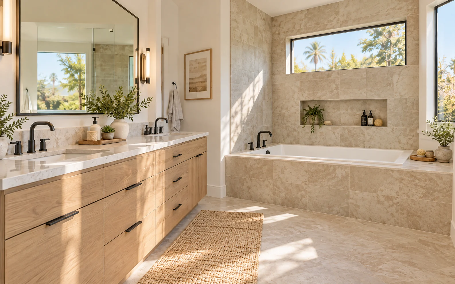 Built-in residential bathtub with modern tile, warm wood vanity and natural light
