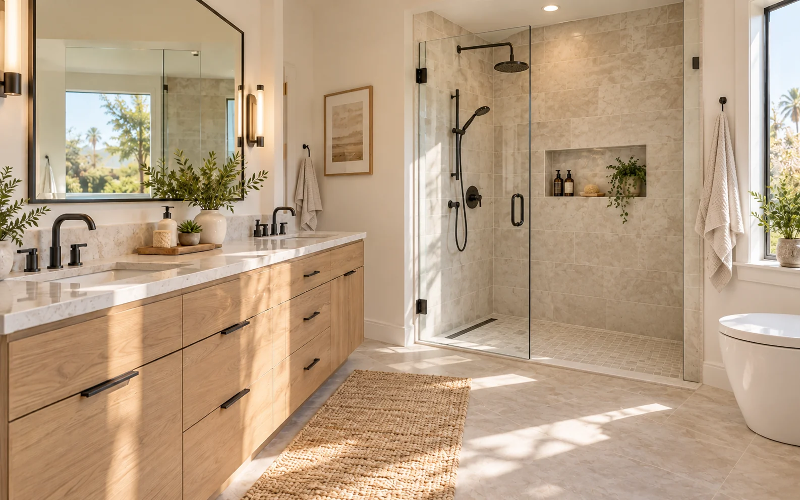 Low-threshold walk-in shower in a residential bathroom with frameless glass enclosure