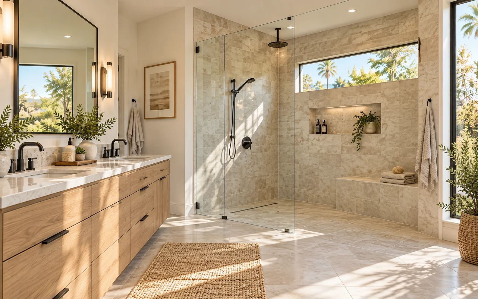Spacious curbless walk-in shower with glass panels, tiled walls and built-in bench