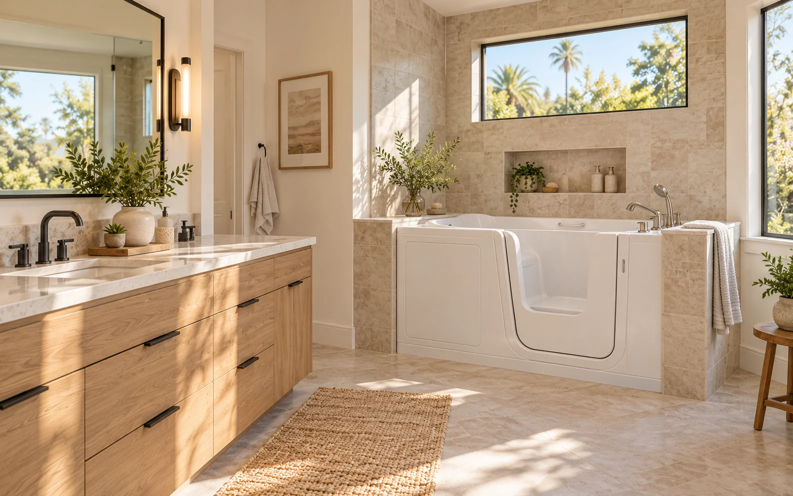 Walk-in bathtub with low-entry door in a bright modern residential bathroom
